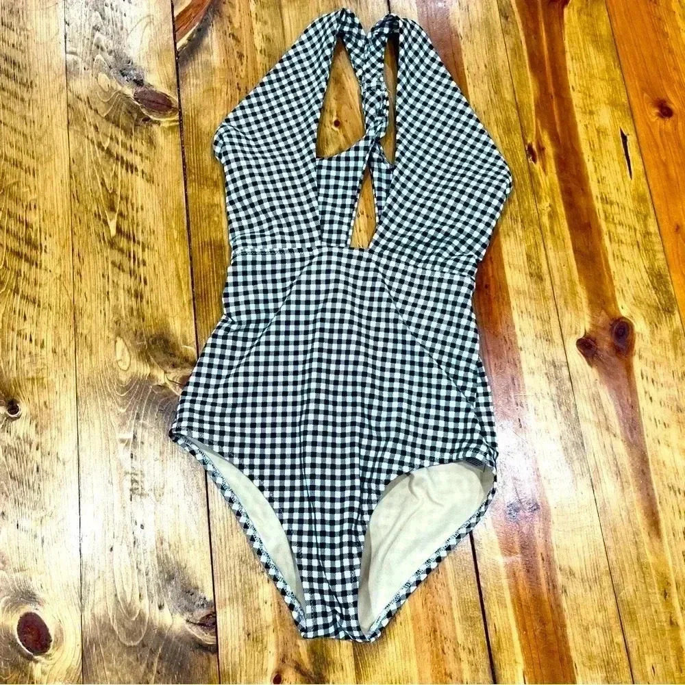 Old Navy black white gingham plunge neck, cross back,1 piece swim suit